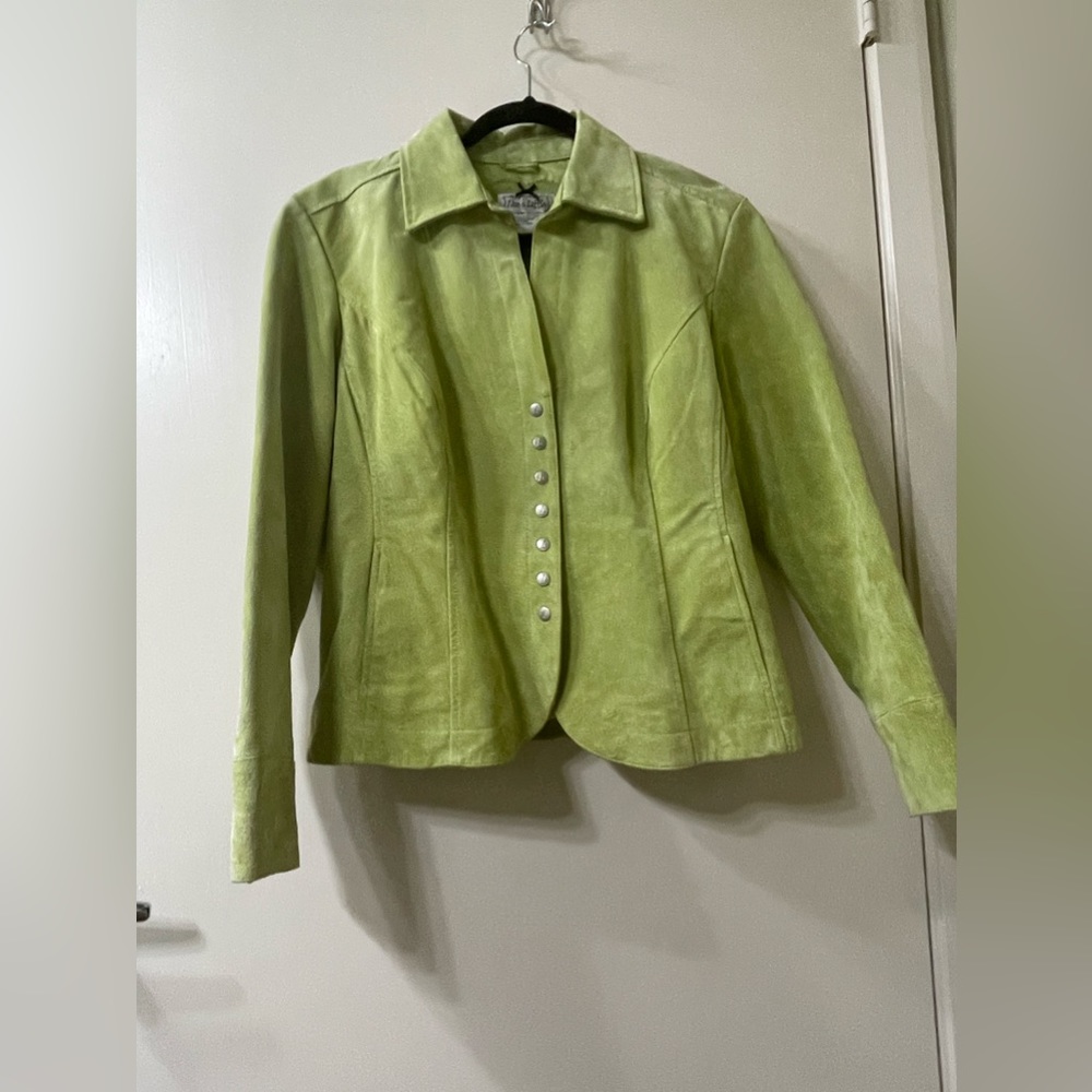 Gently used lime green leather jacket by the brand live a little.